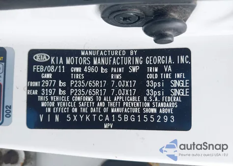 2011 Kia Sorento Lx из США, поврежденный, VIN 5XYKTCA15BG155293